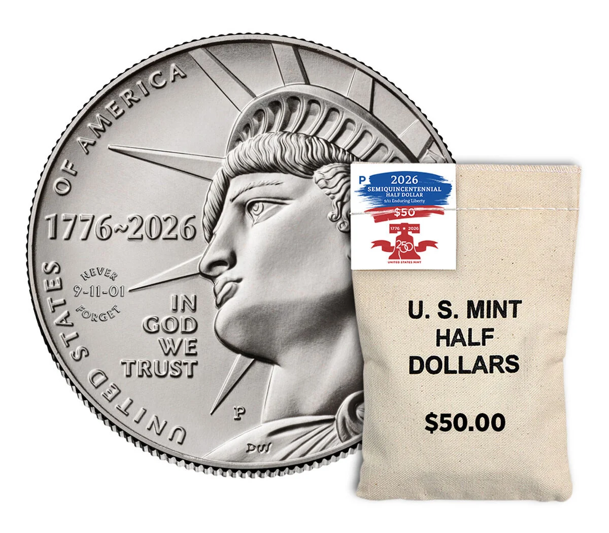 Obverse of the 2026-P Enduring Liberty half dollar with the NEVER FORGET 9-11-01 privy