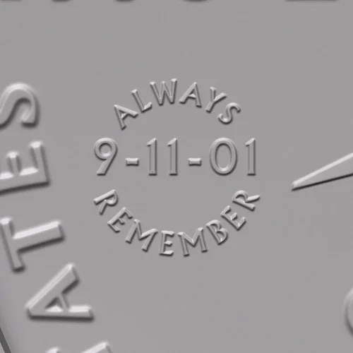 U.S. Mint close-up of the ALWAYS REMEMBER 9-11-01 privy