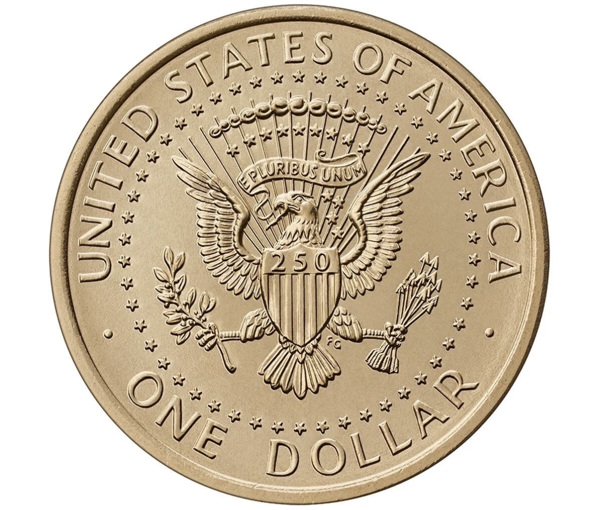 Reverse of the 2026 Trump dollar, showing the Presidential Seal with 250 on the eagle’s shield